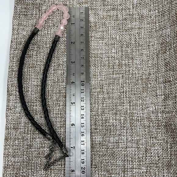 Rose Quartz Braided Black Leather Sterling Silver Adjustable Choker Necklace - Picture 9 of 11